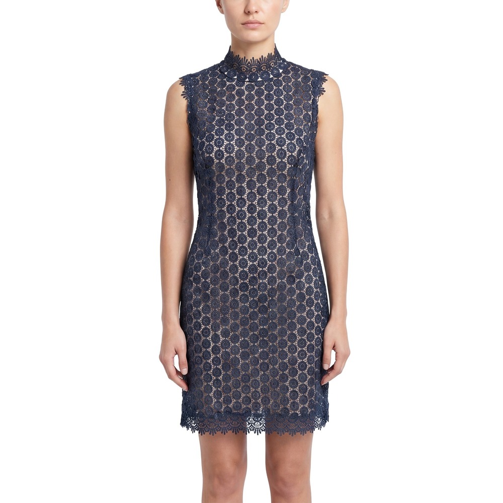 Vintage Blue Lace Mini Dress High Neck Sleeveless Lined Fitted CocktSize S